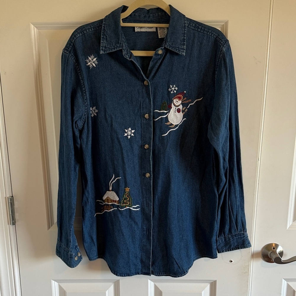 Cabin Creek Embroidered Denim Shirt with Snowman Design Size medium